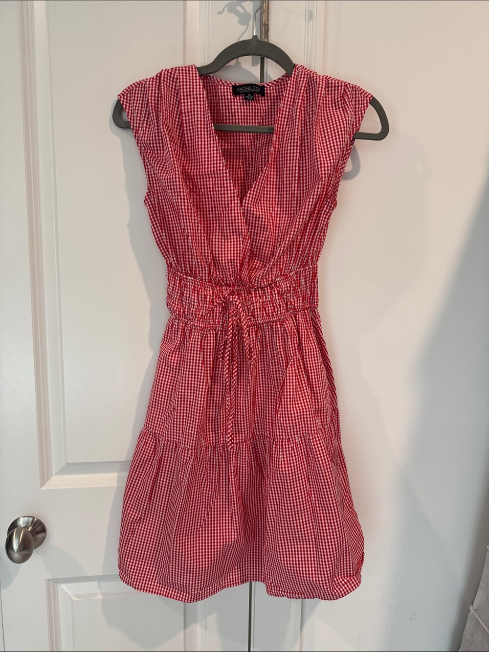 Rachel Zoe Red Gingham V-Neck Drawstring Mini Dress